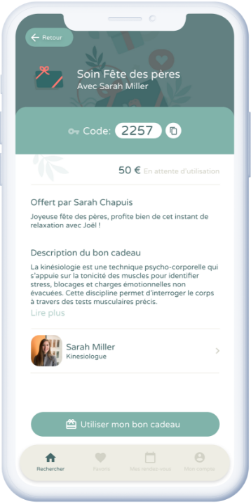 Découvrez les bons cadeaux disponibles chez votre praticien dans l'application Crenolibre