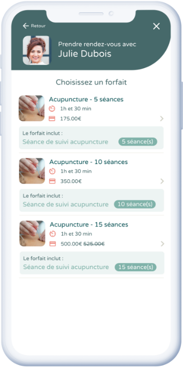 Découvrez les forfaits disponibles chez votre praticien dans l'application Crenolibre