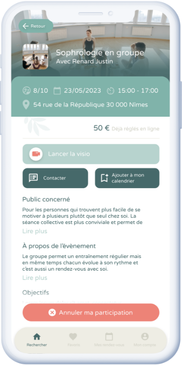 Découvrez les évènements disponibles chez votre praticien dans l'application Crenolibre