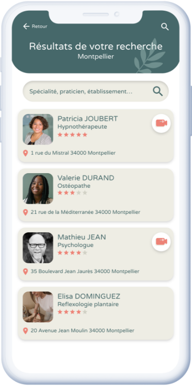 Résultats de recherche d'un praticien dans l'application mobile Crenolibre